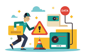 A man in a hard hat carrying a box on a construction site, Data not safe, stealed data, Simple and minimalist flat Vector Illustration