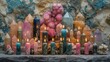 colourful crystals and candles burning near the wall. 