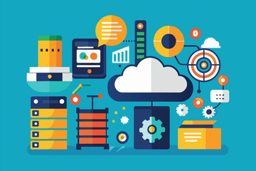 Poster - cloud surrounded by different types of devices, representing connectivity and data storage in a digi
