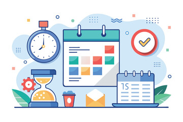 Poster - Desk With Clock and Calendar, deadline management work deadlines tasks due dates, Simple and minimalist flat Vector Illustration