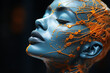 An artistic representation with a blue face and vibrant orange accents