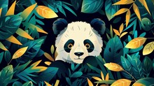 Playful Panda Cub Hidden Among Vibrant Green Foliage In A Lush Forest