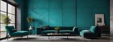 Fototapeta Kwiaty - Turquoise Room Interior, Comfortable Living Room Arrangement, Unadorned Turquoise Wall