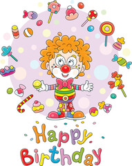 Wall Mural - Happy birthday card with a funny circus clown juggling with colorful sweets and candies, vector cartoon illustration