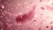   A pink feather, closely framed against a solid pink backdrop, as confetti gently cascades down from above