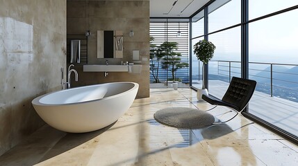 Poster - a contemporary bathroom featuring a sleek bathtub, modern fixtures, and minimalist decor