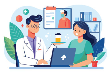 Poster - A man and woman are sitting together at a desk, engaged in work on a laptop computer, doctor prescribes medicine to patient online consultation, Simple and minimalist flat Vector Illustration