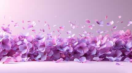   A group of flying purple flowers against a light lapis lazuli background, subtly distinguished by a lighter pink backdrop