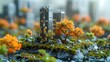 Miniature tilt-shift office thumbnails emphasize sustainability, clean energy, and corporate social responsibility for a greener, carbon-neutral future.