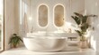 A bathroom with a white bathtub and a potted plant. The bathroom is clean and well-lit, with a modern design