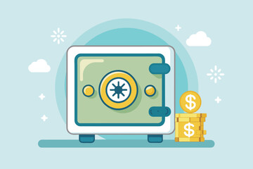 Poster - A computer with a compass on top next to stacks of coins, Dollar safe, Simple and minimalist flat Vector Illustration