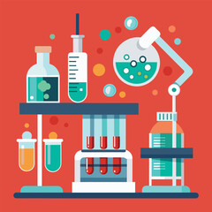 Poster - illustration of a drug testing laboratory with test tubes and flasks, showcasing scientific experime