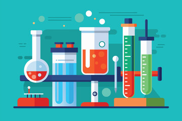 Poster - A drug testing laboratory with a variety of test tubes and flasks arranged on countertops, Drug testing laboratory, Simple and minimalist flat Vector Illustration