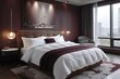 © Graph Squad - Luxury hotel room with large bed, white linens and brown headboard