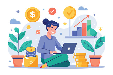 Poster - a person sits on a heap of coins, using a laptop for financial or business purposes, business money 
