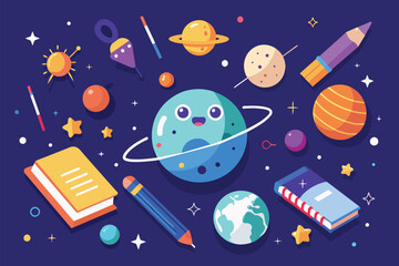 Poster - Planets, Stars, and Books in Space, education concept of stars stationery planets for children, Simple and minimalist flat Vector Illustration