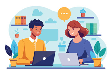 Poster - two employees are seated at a table, focused on their laptops during a discussion, employees discuss