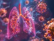 Medical illustrations of human lung anatomy detail how viruses and bacteria invade the respiratory tract, leading to infections that can severely impact breathing, science concept