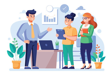 Fototapete - Group of people, employees, discussing with boss around a laptop about company developments, Employees report to the boss about company developments, Simple and minimalist flat Vector Illustration