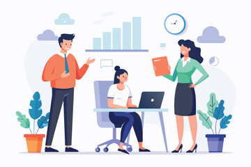 Poster - Three People Discussing Company Development, Employees report to the boss about company developments, Simple and minimalist flat Vector Illustration