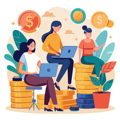 Poster - Three employees sitting on stacks of coins while working on a laptop in the office, Employees working in the office women sitting on coins, Simple and minimalist flat Vector Illustration