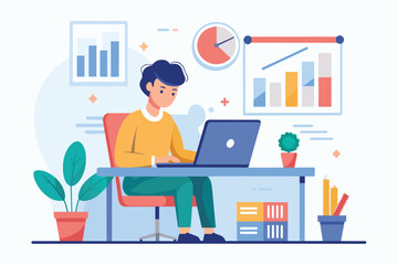 Poster - an employee is working at a desk with a laptop in an office workplace setting, employee working in o