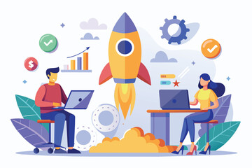 Sticker - Entrepreneurs Planning Rocket Ship Launch, entrepreneurs working on launching a stock business, Simple and minimalist flat Vector Illustration