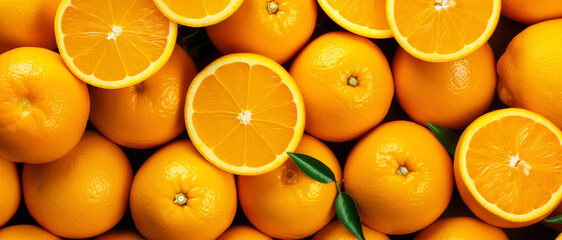 Wall Mural - Fresh orange citrus fruits, some of them halved, closeup macro detail from above. Generative AI
