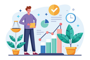 Poster - a man is standing next to a bar chart and a clock, analyzing data and time management, evaluate the 