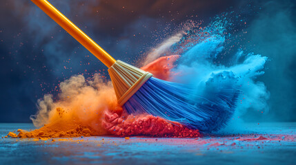 Poster - A blue and pink broom is being used to sweep up a pile of colorful powder. broom with long bristles sweeping the dusty floor, collecting all the dirt and debris in its path, dust explosion
