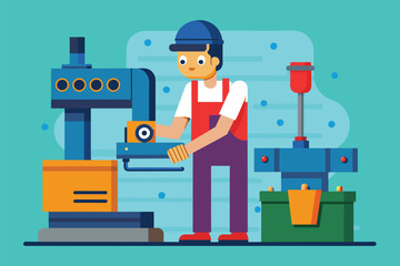 Poster - A man diligently working on a machine in an industrial factory setting, Factory worker repairing machine, Simple and minimalist flat Vector Illustration