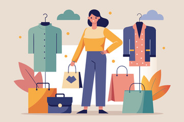 Canvas Print - A woman stands in front of a display of clothing items in a retail store, Fashion sales promotion, Simple and minimalist flat Vector Illustration