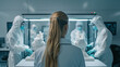From behind the woman, we witness workers in cleanroom suits monitoring a high-tech 3D printer producing intricate medical models with precision and accuracy.