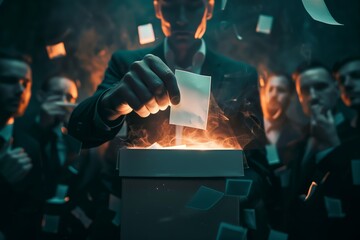 A man in a suit casts vote into ballot box at event