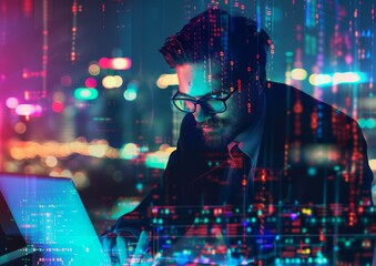 Canvas Print -   A man working on his laptop in a cityscape at night, surrounded by colorful lights