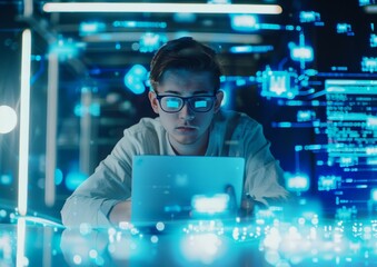 Wall Mural -   A man at a table works with a laptop, surrounded by numerous blue lights