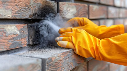 Wall Mural -   A person in yellow gloves sprays cement onto a brick wall using a blowtorp with a yellow nozzle attached