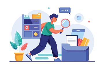 Poster - A man holding a magnifying glass in his hand, examining something closely, File searching on storage, Simple and minimalist flat Vector Illustration