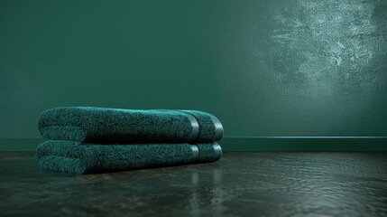 Wall Mural -   A green stack of towels atop a wooden floor, near a green wall