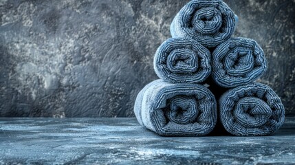 Poster -   A stack of rolled towels atop a wooden table, before a stone wall