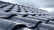   A metal roofline dotted with raindrops at its crest and base; cloud-filled backdrop