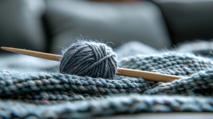 Wall Mural -   A ball of yarn sits atop a blanket, nearby a pair of knitting needles on the couch