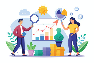 Poster - a man and a woman are analyzing a chart related to finance growth, analyzing growth charts, simple a