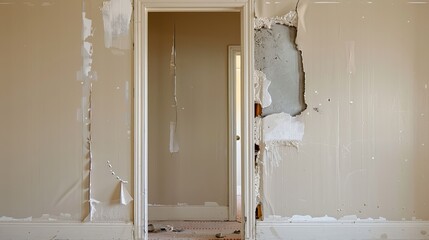 Wall Mural -   A room devoid of furnishings, sporting peeling paint on its walls In the room's center, a door with a damaged hole in the adjacent wall