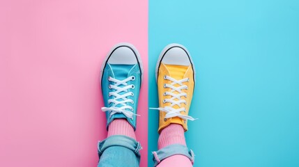 Wall Mural -   Person in blue-yellow sneakers against pink-blue background and wall