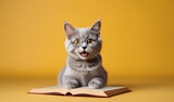 Fototapeta Dmuchawce - Surprised cat in glasses holding opened book, education concept.