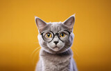 Fototapeta Dmuchawce - Portrait of a cat with glasses at orange background, education concept.