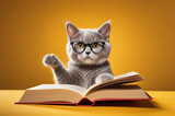 Fototapeta Dmuchawce - Gray cat in glasses paw up at lessons, education concep