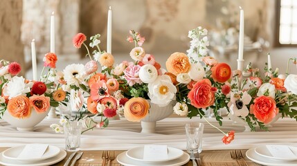 Wall Mural -   A table is adorned with a white vase, holding a bouquet of orange and pink flowers Nearby stands a line of tall, white candles