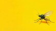   A black-and-yellow fly rests atop a yellow surface, its legs splayed wide, eyes shut